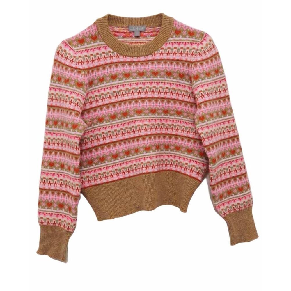 J.crew womens medium sweater pink fairisle puff sleeve Scandinavian wool